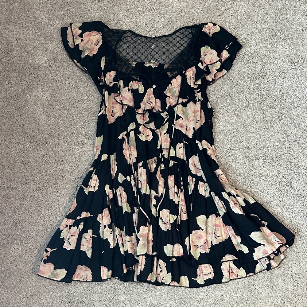 Free People Black Floral Lace Yoke Dress with Pink Flowers